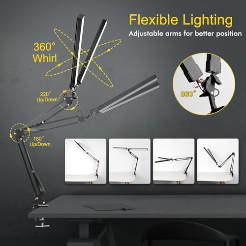 Image of NYRWANA Double Head LED Table Lamp for Study Room | Desk Lamp with Swing Arm Stand | Dimmable 3 Lighting Modes | Clamp Base Study Lamp for Reading, Work, Video Recording, Makeup & Streaming (Black)