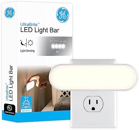 GE Ultrabrite LED Light Bar, 100 Lumens, 1 Pack, Dusk-to-Dawn Sensor, Auto/On/Off Switch, Plug-in, Night Light, Ideal for Bedroom, Bathroom, Kitchen, Hallway, White, 12498