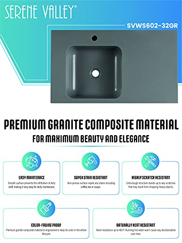 Serene Valley Bathroom Sink, Wall-Mount Or On Countertop, 32" With Square Sink And Flat Space, Single Faucet Hole, Premium Granite Material In Gray #TOP3