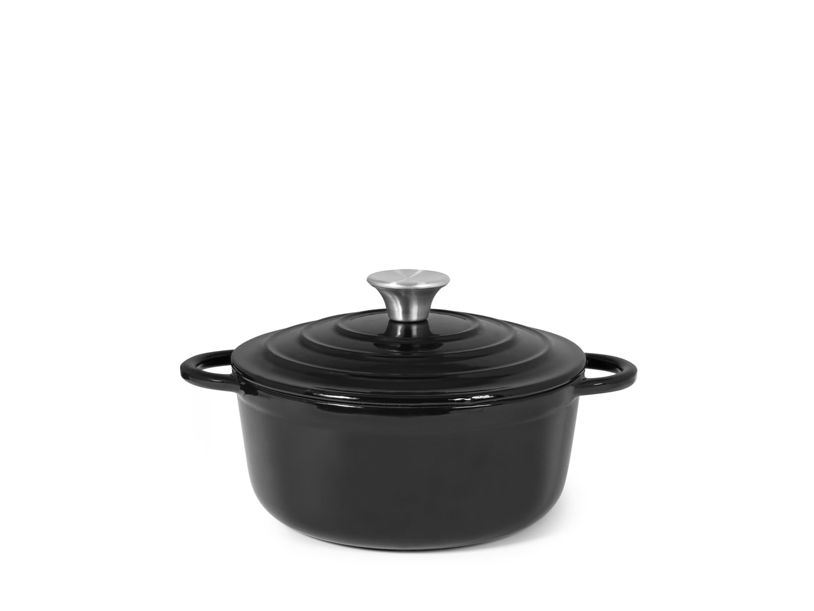 H&H Casseruola in Ghisa Smaltata con Coperchio, 22 cm, Tonda, Nero – Per Induzione e Tutti i Piani Cottura – Distribuzione Uniforme del Calore – 2 Manici – No Lavastoviglie