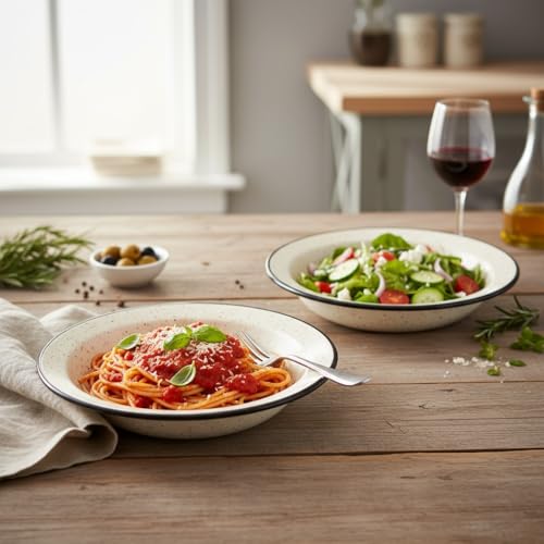 Image of Beyond Homes Ceramic Pasta Plates Shallow, 18cm, Set of 2 | Matte Finish Ceramic Pasta Bowl | Stoneware Flat Pasta and Maggie Bowl | Chip-Resistant | Microwave Safe; (2, White Black)