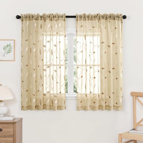 MIULEE Beige Sheer Curtains 2 Panels Embroidered Leaf Patterned, W52 x L54