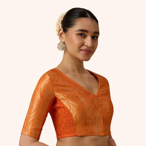 Image of Studio Shringaar Women's Brocade Side Stretch (Smocked) Readymade Saree Blouse