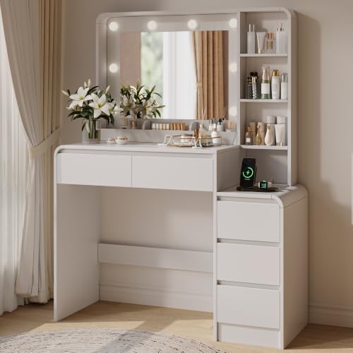 Image of 39.3 inch Makeup Vanity Desk with Charging Station, White Makeup Dressing Table with Mirror & Lights, 3 Lighting Modes Adjustable Brightness, Vanity Table with Power Outlet & 5 Drawers Curved Design