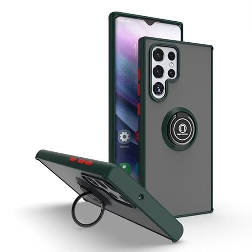 Custodia per Samsung Galaxy S23 Ultra 6.8 Inches Staffa ad Anello Base di Aspirazione Magnetica Cover per Cellulare Trasparente Opaca - Verde scuro