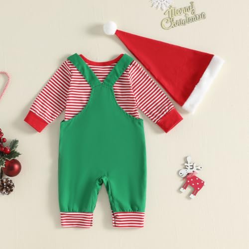 Image of Baby Boy Christmas Outfit Elf Newborn Romper Pants Set With Hat | Long Sleeve Bodysuit, Striped Romper Overalls Set, Baby Boy Elf Outfit, Fall Winter Clothes With Hat, My First Christmas.