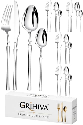 Image of 20 Pcs Silver Slim Handle Stainless Steel Cutlery Set for Dining Table with Spoons and Forks Set + Butterknives - The Perfect Tableware /Flatware
