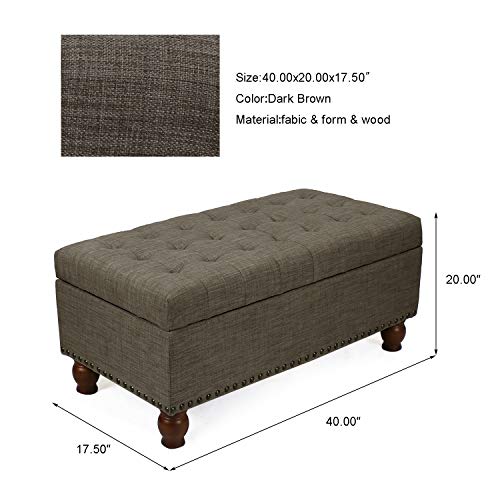 Adeco Rectangular Fabric Bench Tufted Lift Top Footrest, 40 Inches, Large Storage Ottoman, Sturdy Design, Dark Brown #TOP5