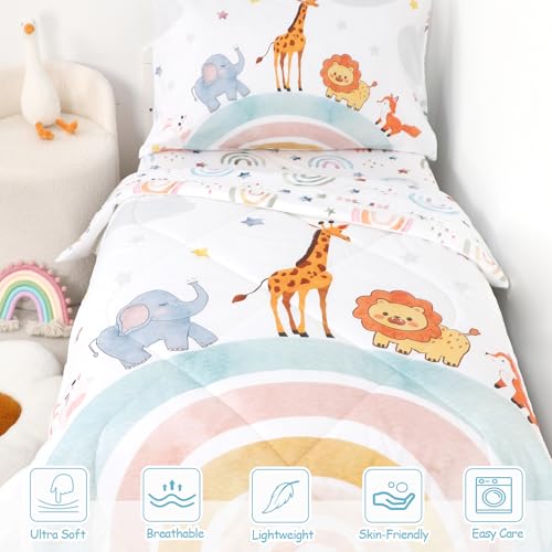 Image of Toddler Bedding Set, 4 Pieces Toddler Comforter Set for Girls Boys Kids, Ultra Soft Toddler Bed Sheets Set in a Bag, Includes Comforter, Fitted Sheet, Flat Sheet, Pillowcase, Rainbow Animal