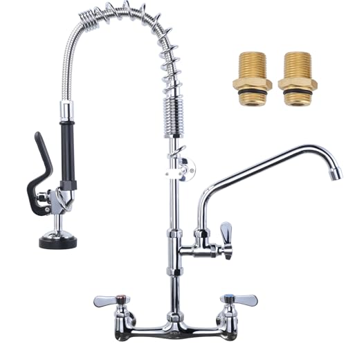 Image of 25 inch Height Commercial Faucet Wall Mount with Sprayer 8 inch Adjustable Center 9.6 inch Swing Spout, Kitchen Sink Faucet with Pull Down Pre-Rinse Sprayer for Restaurant Industrial Kitchen, Chrome