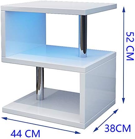 YOLEO Coffee Table Side Table for Living Room Modern White High Gloss End Table with 2 Tier Storage Shelves and Blue LED Light