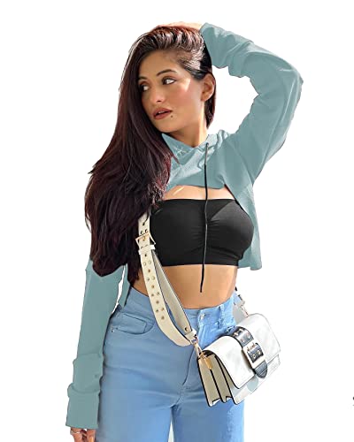 Image of Aahwan Women's Polyester Solid Bust Crop Hooded Sweatshirt