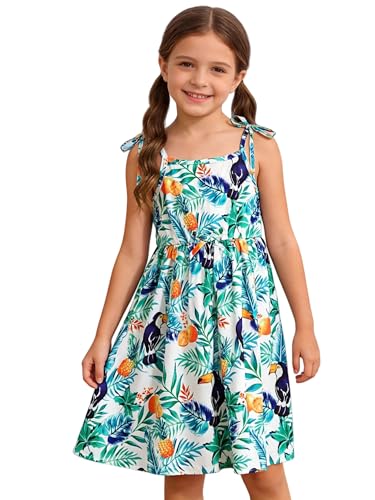 sgeoct Girls Summer Hawaiian Dress Kids Floral Beach Sundress Adjustable Strap A-Line Smocked Tropical Outfits Green 5-6Y