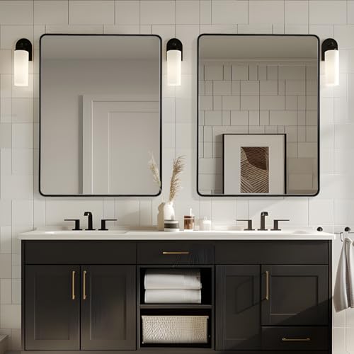 Image of ANDY STAR 48X36 Inch Black Bathroom Mirror, Matte Black Vanity Mirrors for Wall, Rounded Rectangle Mirror for Bathroom, Seamless Tube Metal Frame, 1'' Deep Wall Mounted Vertical /Horizontal