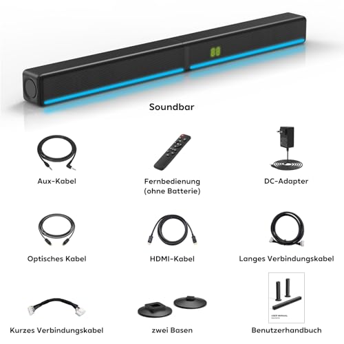 Soundbar für TV Geräte mit RGB-Beleuchtung, 2.2 Kanal Teilbare 2-in-1 TV Soundsystem mit 3 EQ-Modi, Bass Einstellbare, 180W Bluetooth Lautsprecher für Fernseher/Gaming/PC/Beamer mit ARC/Opt/Aux/USB