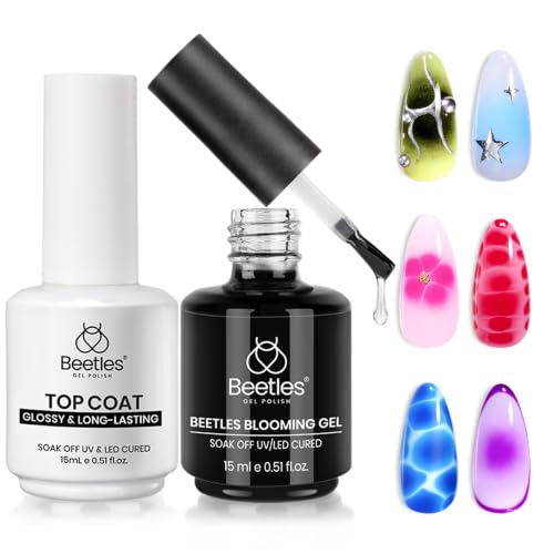 Image of Beetles Blooming Gel and Glossy Top Coat Set, 2 Pcs 15ml Soak Off UV LED Gel Nail Polish, Easy Marble Watercolour Blooming Effect, Long Lasting High Shine Finish