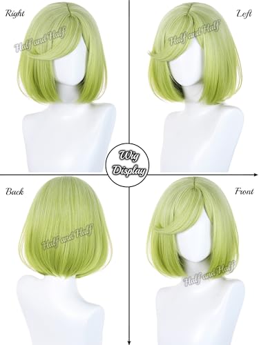 Image of Half and Half Short Light Green Bob Cosplay Wig Green Anime Wizard Costume Wigs with Side Part Bangs for Women Halloween Party Daily