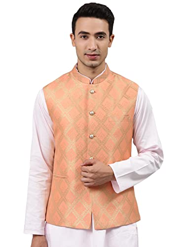 Image of MANQ Men Fawn Woven Jaquard Silk Nehru Jacket