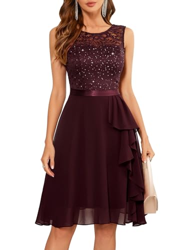 Image of BeryLove Womens Boat Neck A Line Sleeveless Lace Formal Homecoming Dress | Short Dress With Ruffle Hem, Sparkly Design Ideal For Wedding Guest,Bridesmaid Cocktail Prom & Evening Party Events