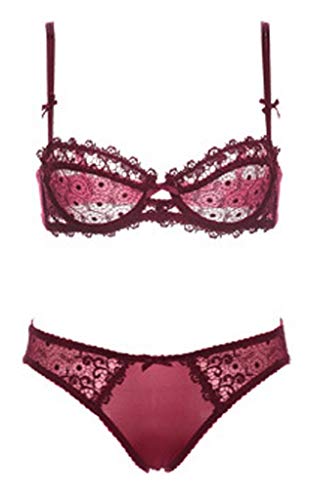 Lefox Women's Lumiere Lace Unlined Balconette Bra and Panty Set - (Red 38B)