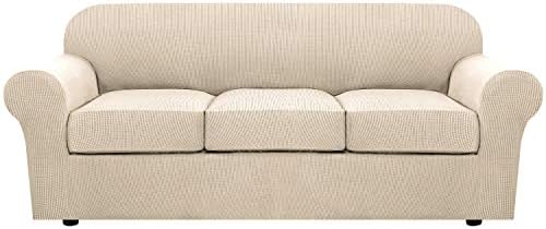 H.VERSAILTEX 4 Piece Stretch Sofa Covers for 3 Cushion Couch Covers for Living Room Furniture Slipcovers (Base Cover Plus 3 Seat Cushion Covers) Upgraded Thicker Jacquard Fabric (Sofa, Natural)