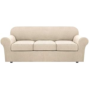 H.VERSAILTEX 4 Piece Stretch Couch Covers for 3 Cushion Couch Sofa Furniture Slipcovers Feature Upgraded Thicker Jacquard Fabric (Sofa, Natural)