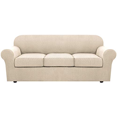H.VERSAILTEX 4 Piece Stretch Couch Covers for 3 Cushion Couch Sofa Furniture Slipcovers Feature Upgraded Thicker Jacquard Fabric (Sofa, Natural)