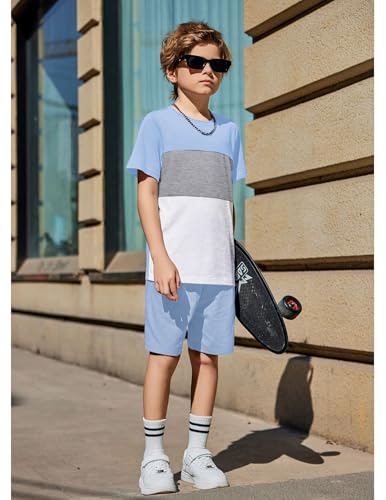 Image of Arshiner Boys' 2-Piece Cotton Outfit Color Block T-Shirt and Shorts Set Summer Camo Clothes for Kids 5-14 Years