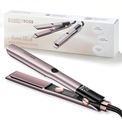 BarberBoss - Plancha de cerámica con placas flotantes, tratamiento iónico y queratina para todo tipo de cabello, pantalla LED de temperatura, plancha de pelo profesional (QR-8412, rosa)