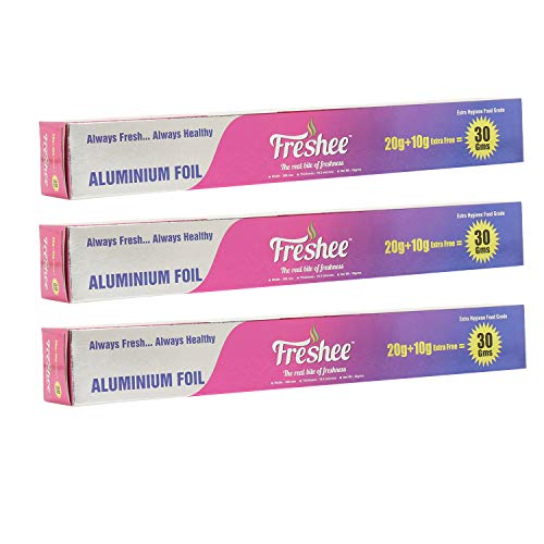 Image of Freshee 30gm Aluminium Silver Kitchen Foil Roll Paper Pack of 3, 11 Micron Thick, Food wrap, Disposable, Food Parcel, Fresh Food