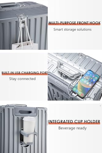 24 Inch PC Hard Shell Checked In Luggage with Aluminum Frame, Silver Suitcase with Cup Holder and USB Port, Zipperless Luggage for Business Travel4