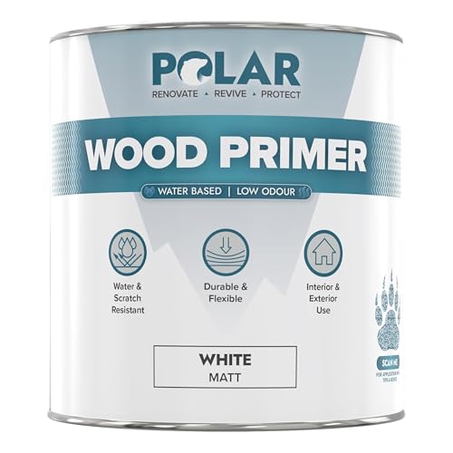 Polar Wood Primer White, 1 Litre - Strong Adhesion, UV Resistant, Prevents Cracking, Water-Based - Interior & Exterior Surfaces - Fast Drying - Dry in 1-2 Hours