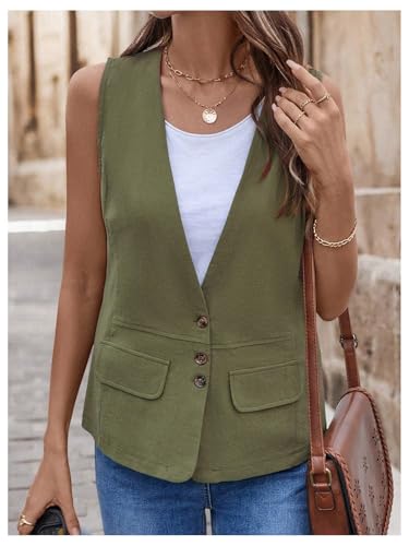 SHENHE Women's Summer Linen Vest Outerwear Button Down Lightweight Sleeveless Jacket Vest4