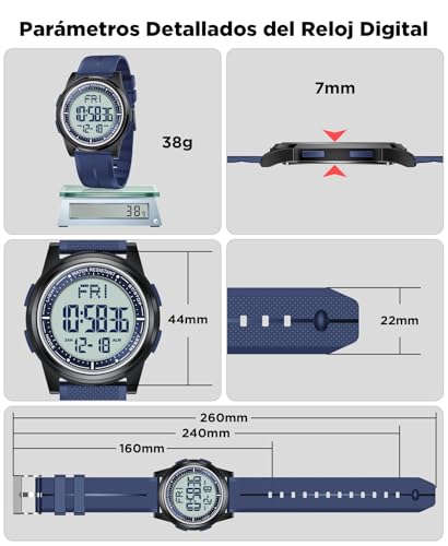 Miniatura 5 de Wifort Reloj Digital Hombre Mujer, 5atm Impermeable Deportivo Relojes De Pulsera Esfera Grande Con Cronómetro, Cuenta Regresiva, Alarma, Tiempo Dividido, Zone Horaria Dual, Ultra Delgado Unisex, Azul