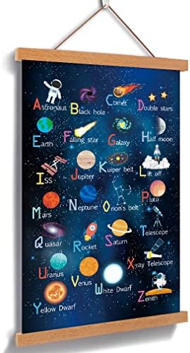 KAIRNE Outer Space Art Print With Wood Magnetic Poster Hanger Frame, Astronomy Alphabet Letters Canvas Wall Art,Abstract Universe Educational Poster,28X45CM Hanging Painting For Home Classroom Decor
