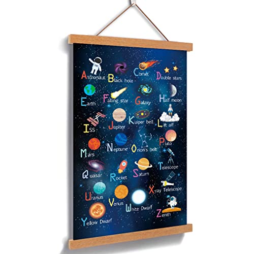 KAIRNE Outer Space Art Print With Wood Magnetic Poster Hanger Frame, Astronomy Alphabet Letters Canvas Wall Art,Abstract Universe Educational Poster,28X45CM Hanging Painting For Home Classroom Decor
