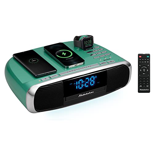 Studebaker Workstaton HiFi Music System with Bluetooth, FM Radio, CD, and Qi Wireless Charging Station (Teal)