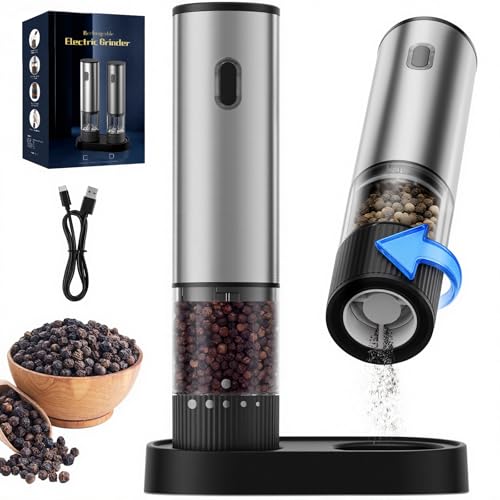 Electric Salt and Pepper Grinder Set, USB Rechargeable Salt and Pepper Shaker with LED Light, Stainless Steel Adjustable Automatic Pepper Mill for Kitchen, Dining