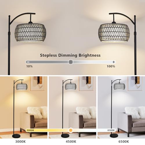Image of Arc Floor Lamp for Bedroom, Boho Standing Lamp with Remote & LED Smart Bulb, Rattan Floor Lamps for Living Room with 3 Color Temperatures, Height Adjustable Corner Tall Lamp, Stand up Light for Office