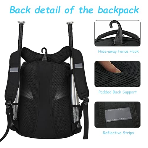 Youth Baseball Bag - Bat Backpack for Baseball, T-Ball & Softball Equipment & Gear, Bat & Glove Holder Gift, Large Main Compartment for Helmet & accessories, Separate Shoes Compartment, Fence Hook