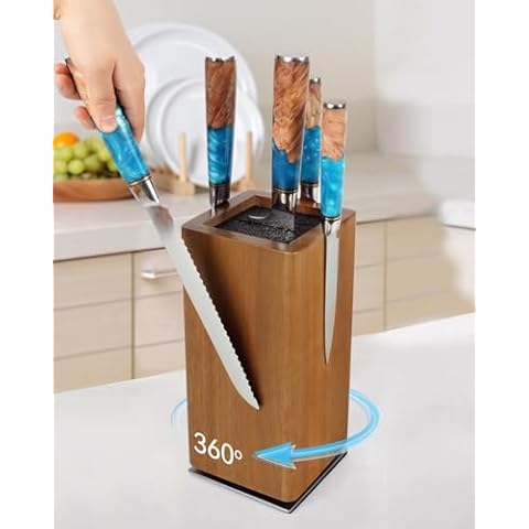KUCHEASY Magnetic Knife Block 360° Rotating Wood Universal Knife Holder with Four Side Ultra Strong Magnets, Knife Storage Rack with Removable Bristles, Multifunctional Storage for Kitchen Counter Top Cover