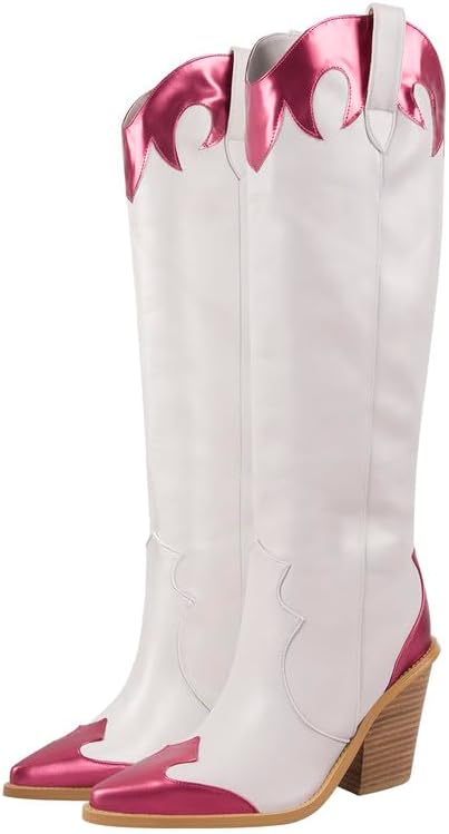 sexytag Western Knee High Boots Metallic Pointed Toe Patchwork Cowboy Boots Chunky Heel Cowgirl Boots Colorful Tall Cowgirl Boots