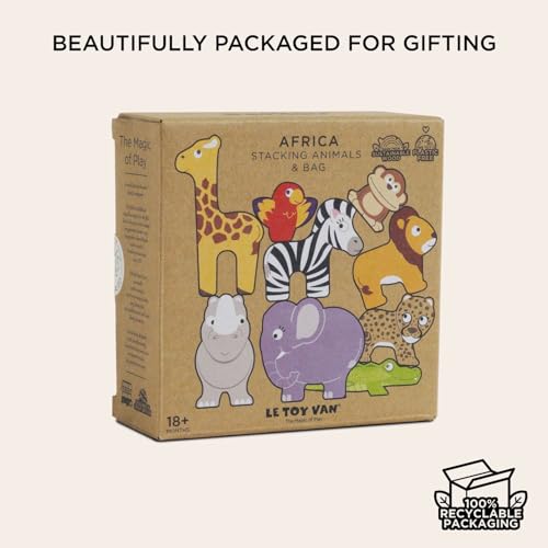 Le Toy Van - PL117 - Lernspiel Tiere der Savanne, stapelbar, für Kinder ab 18 Monaten, Balance-Aktivität, 9 Tiere und Tasche, aus FSC-Holz, ökologisches Spiel, plastikfrei, Petilou