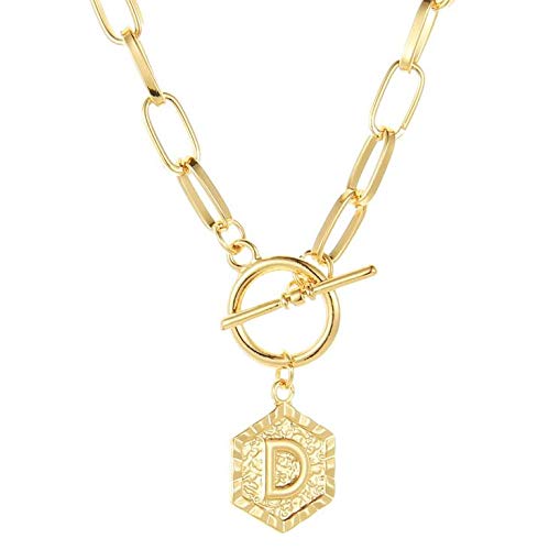 26 English Letter Necklace,Chunky Link Chain Necklace Initial Letter Pendant Hexagon Medallion Minimalist Jewelry for Women Handmade Vintage Paperclip Choker (Gold-D)