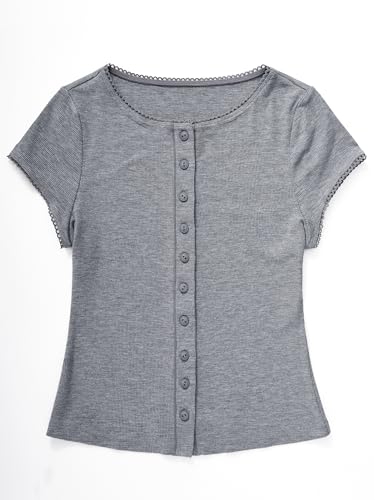 Image of OMKAGI Women Button Down Ribbed Short Sleeve Shirts Fitted Knit Cropped Cardigan Sweaters
