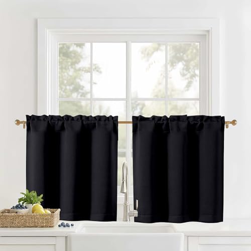 OVZME Black Cafe Curtains 24 Inch Length - Light Filtering Solid Small Kitchen Curtains Short Window Curtains for Bathroom Basement RV Camper 2 Panels Each 30Wx24L