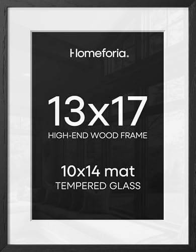 Image of Homeforia 13x17 Picture Frame Black Wood, High End Oak 13x17 Poster Frames with Mat 10x14 Photo, 13 x 17 Wooden Frame Matted to 10 by 14 Print, 17x13 Hanging Frames, Tempered Glass, Wall Kit, Set of 1