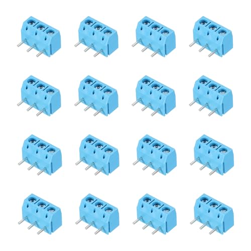 sourcing map 20Pcs 3 Pin PCB Mount Screw Terminal Block Connector 5mm 0.2 Inch Pitch PCB Wiring Terminals 300V 16A for 22-14AWG Cable, Blue