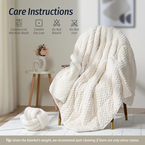 Wemore Fleece Weighted Blanket for Adults (60" x 80" 15lbs, Cream White), Dual Sided Cozy Soft Sherpa Heavy Blanket with 3D Imitation Turtle Shell Warm Jacquard Flannel for Couch and Bed by Wemore - Image 6