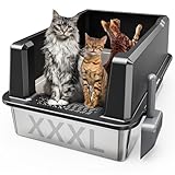 Tripamin XXL Stainless Steel Litter Box with High Sides 26"x18"x12" Extra Large Metal Litter Box for Big Cats & Multiple cat, Jumbo Top Entry Litter Pan with lid (Black, XX-Large)